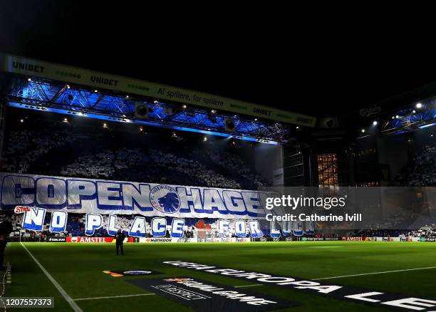 Kobenhavn fans hold up a tifo display prior to the UEFA Europa League round of 32 first leg match between FC Kobenhavn and Celtic FC at Telia Parken...