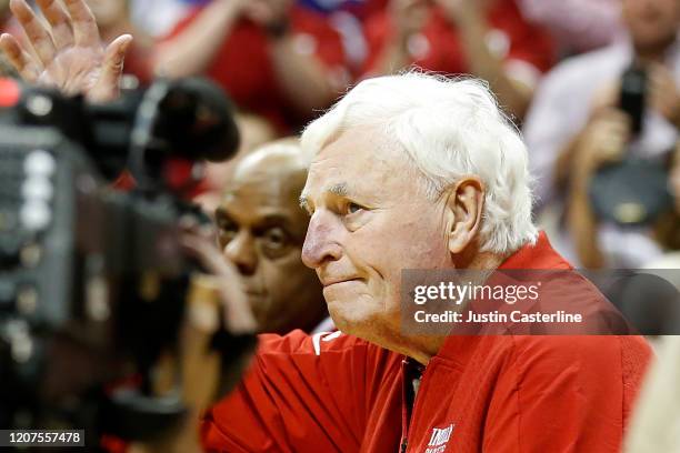 Former Indiana Hoosiers Head coach Bob Knight on the court during halftime of the game against the Purdue Boilermakers at Assembly Hall on February...