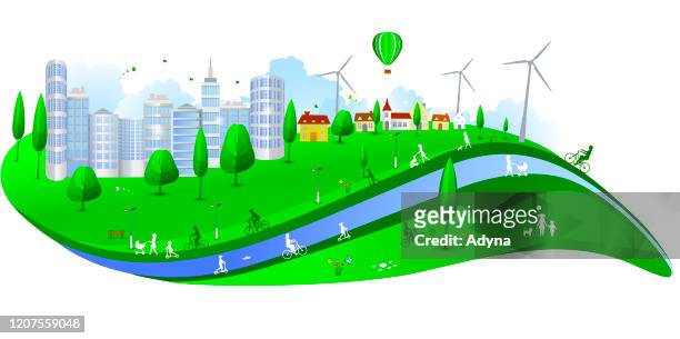 green city - kids at river stock illustrations
