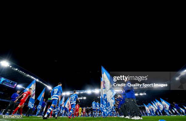 Players of Deportivo de La Coruna and Girona FC enter the field prior to the La Liga Smartbank match between Deportivo de La Coruna and Girona FC at...