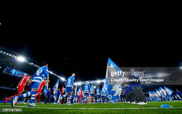 Players of Deportivo de La Coruna and Girona FC enter the field prior to the La Liga Smartbank match between Deportivo de La Coruna and Girona FC at...