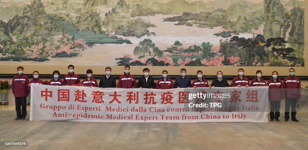 12 experts from Zhejiang province will fly to Italy to help people fight against the outbreak of novel coronavirus pneumonia in Hangzhou,Zhejiang,China on 17th March, 2020