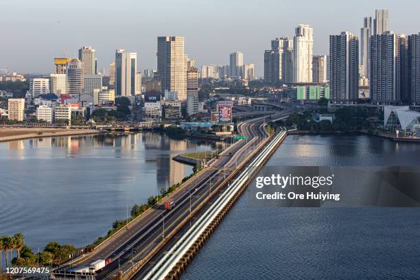 General view of the Woodlands Causeway on March 18, 2020 in Singapore. The land link between Singapore and Johor Bahru, Malaysia is empty of its...