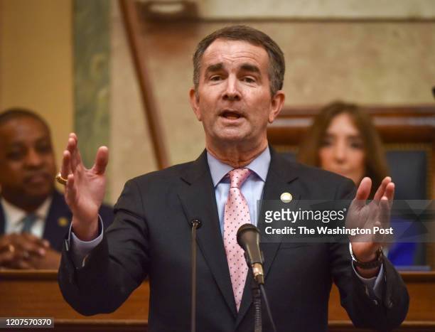 January 08: Governor Ralph Northam addresses a joint session of the Virginia General Assembly in Richmond, VA.