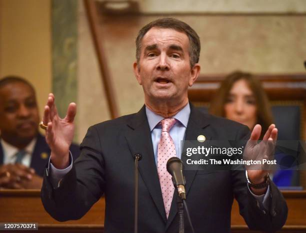 January 08: Governor Ralph Northam addresses a joint session of the Virginia General Assembly in Richmond, VA.