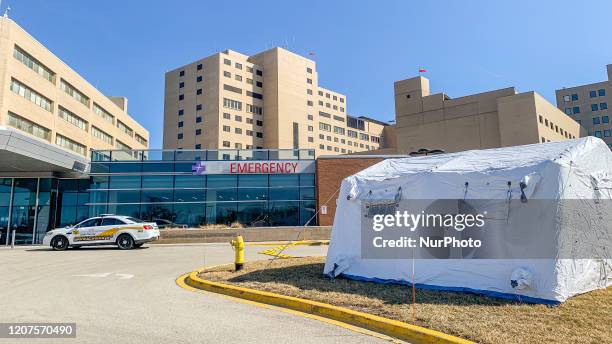 External and outside of emergency room views of the pandemic, novel Coronavirus, or COVID-19 are seen at Advocate Lutheran General Hospital on March...