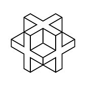 Linear 3D cross or plus sign. Isometric cube shape made of crosses.