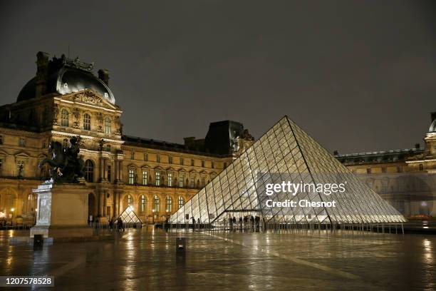 The Louvre Pyramid and the Louvre museum are seen at night on February 20, 2020 in Paris, France. The prestigious Leonardo da Vinci exhibition at the...