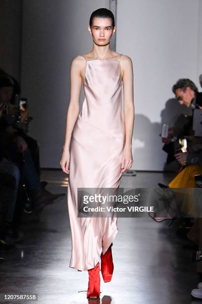 Model walks the runway during the Brognano Ready to Wear Fall/Winter 2020-2021 fashion show as part of Milan Fashion Week on February 20, 2020 in...