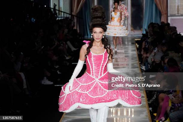 Bella Hadid walks the runway during the Moschino fashion show as part of Milan Fashion Week Fall/Winter 2020-2021 on February 20, 2020 in Milan,...