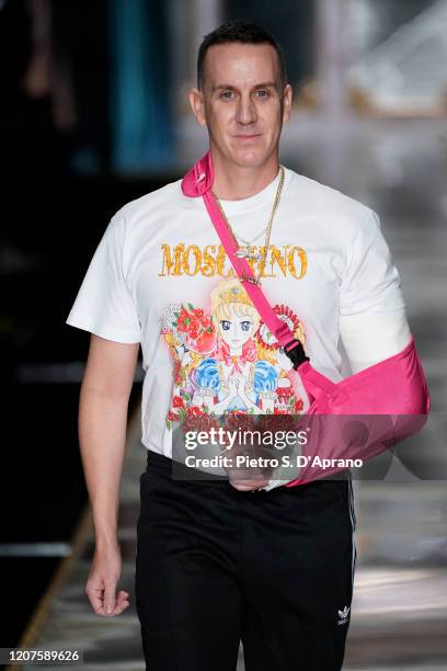 Fashion designer Jeremy Scott acknowledges the applause of the audience during the Moschino fashion show as part of Milan Fashion Week Fall/Winter...