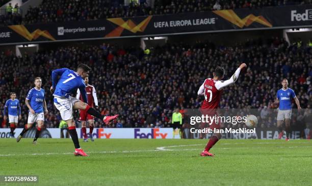 Ianis Hagi of Rangers FC scores his sides first goal during the UEFA Europa League round of 32 first leg match between Rangers FC and Sporting Braga...