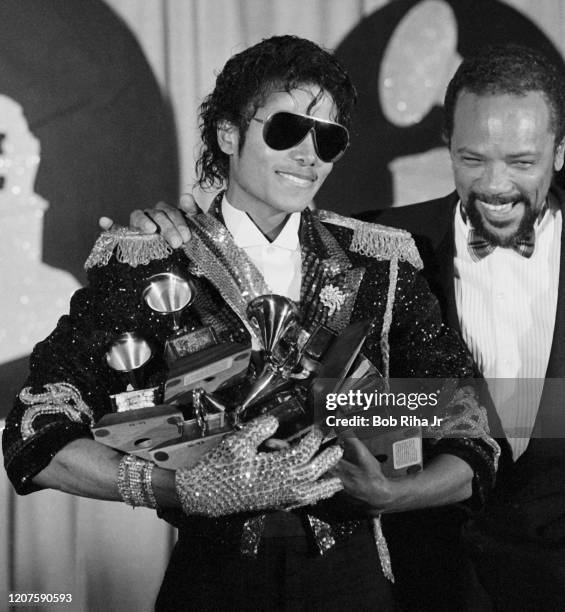 Michael Jackson and Quincy Jones backstage during the 26th Annual Grammy Awards at the Shrine Auditorium, February 28, 1984 in Los Angeles,...