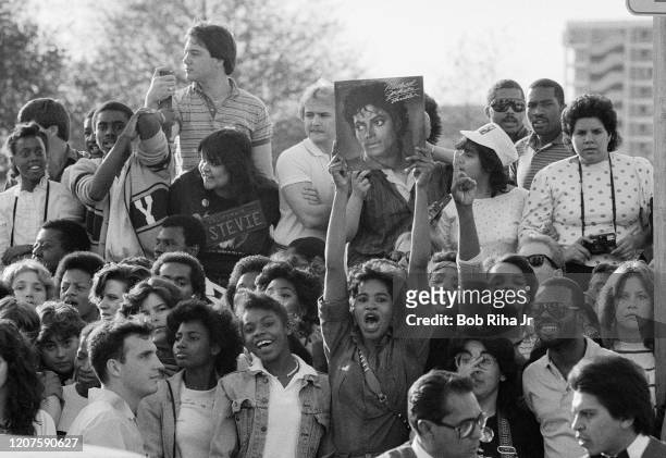 Michael Jackson fans outside the 26th Annual Grammy Awards at the Shrine Auditorium, February 28, 1984 in Los Angeles, California.