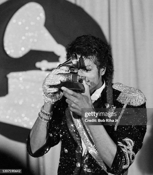Michael Jackson backstage during the 26th Annual Grammy Awards at the Shrine Auditorium, February 28, 1984 in Los Angeles, California.