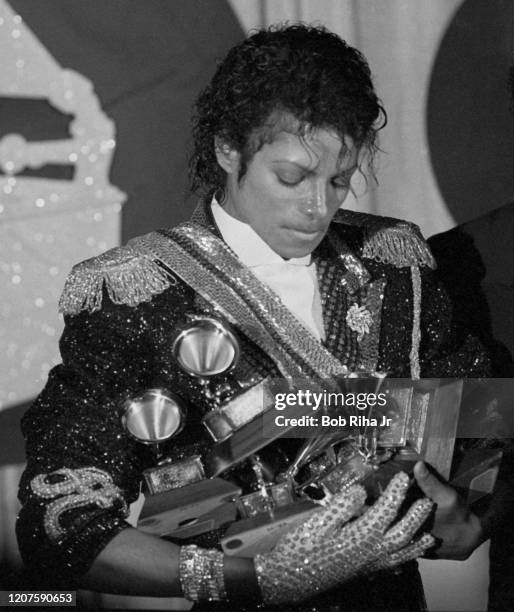 Michael Jackson backstage during the 26th Annual Grammy Awards at the Shrine Auditorium, February 28, 1984 in Los Angeles, California.