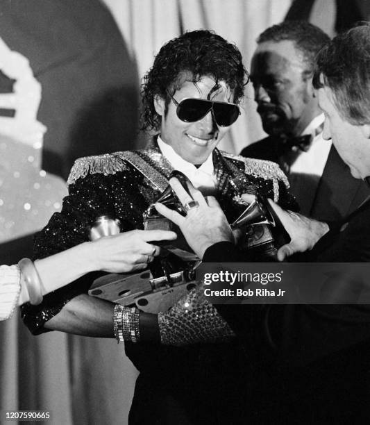 Michael Jackson backstage during the 26th Annual Grammy Awards at the Shrine Auditorium, February 28, 1984 in Los Angeles, California.