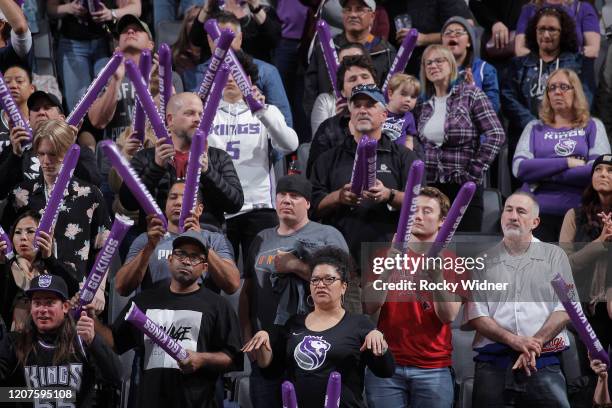 Fans cheer on the Sacramento Kings during the game against the Toronto Raptors on March 8, 2020 at Golden 1 Center in Sacramento, California. NOTE TO...