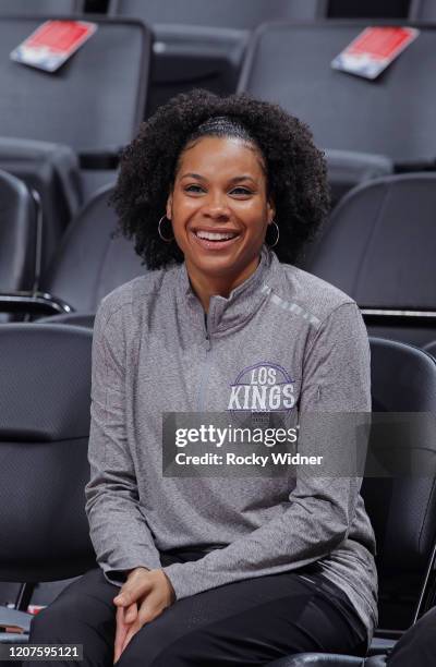 Assistant Coach for Player Development Lindsey Harding of the Sacramento Kings looks on prior to the game against the Toronto Raptors on March 8,...