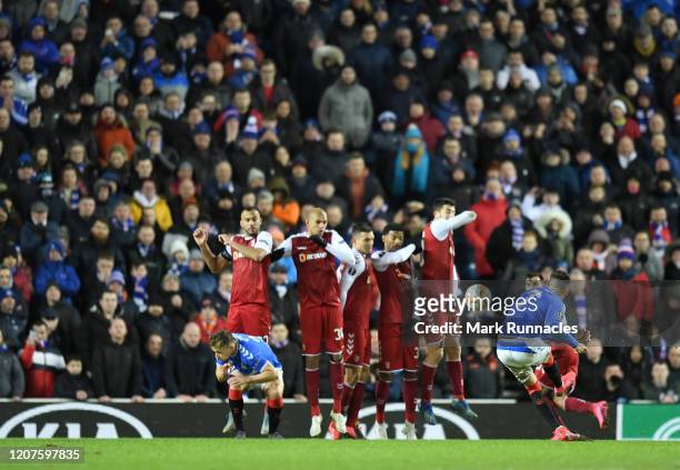 Ianis Hagi of Rangers FC scores his sides third goal during the UEFA Europa League round of 32 first leg match between Rangers FC and Sporting Braga...