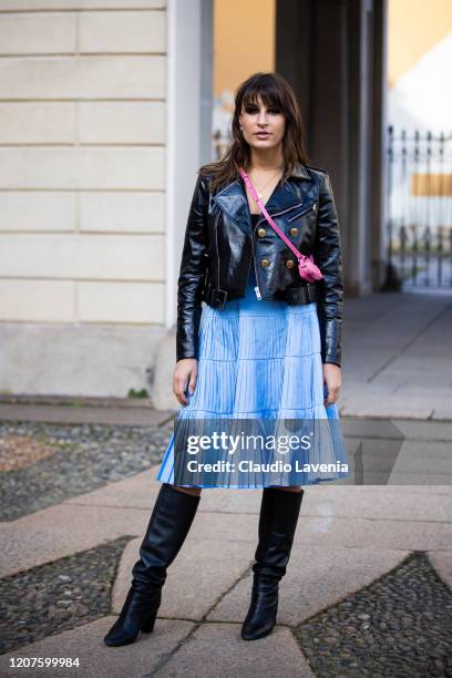 Carlotta Rubaltelli, is seen outside Luisa Beccaria fashion show, during Milan Fashion Week Fall/Winter 2020-2021 on February 20, 2020 in Milan,...