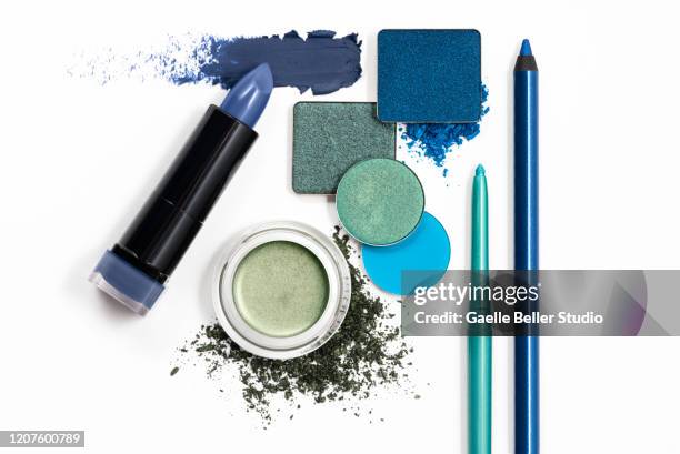 green and blue eyeshadows, eyeliners, and lipstick - colorful eye liner stock pictures, royalty-free photos & images