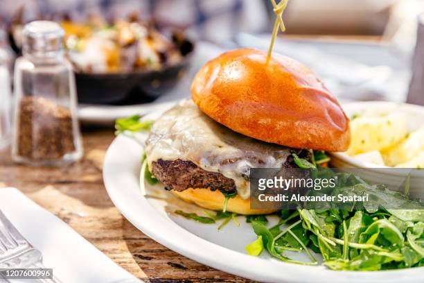 close up of juicy beef cheeseburger with salad on the plate - bbq sandwich stockfoto's en -beelden