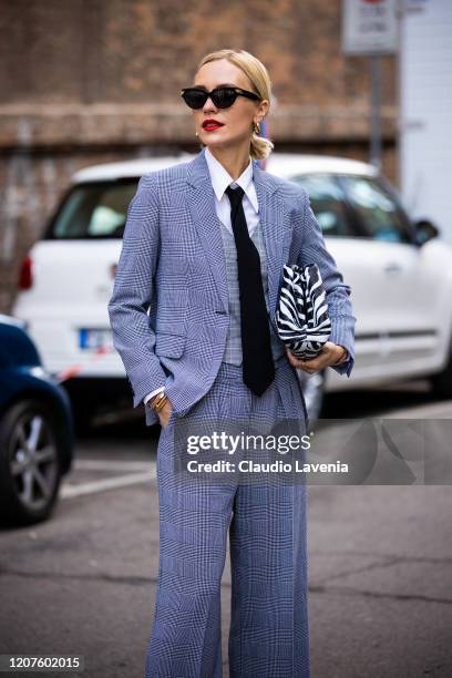 Viktoria Rader, is seen outside Max Mara Fashion show, during Milan Fashion Week Fall/Winter 2020-2021 on February 20, 2020 in Milan, Italy.