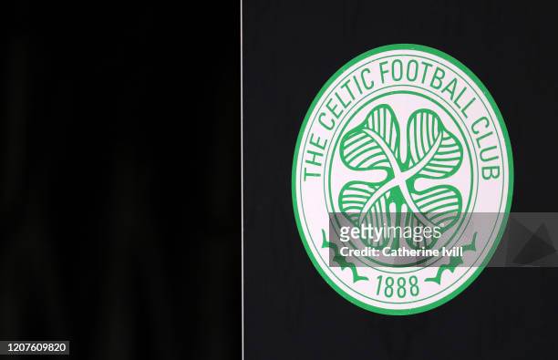 The Celtic club badge ahead of the UEFA Europa League Round of 32 first leg match between FC Kobenhavn and Celtic FC at Telia Parken on February 20,...