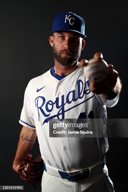 Danny Duffy of the Kansas City Royals poses during Kansas City Royals Photo Day on February 20, 2020 in Surprise, Arizona.
