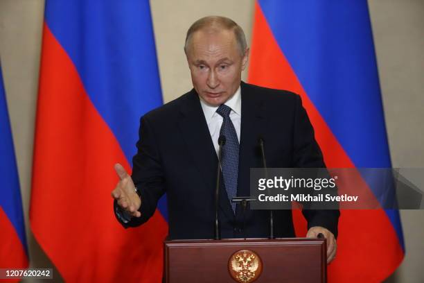 Russian President Vladimir Putin talks during the awarding ceremony at the museum on March 18, 2020 in Sevastopol, Crimea, Ukraine. President...