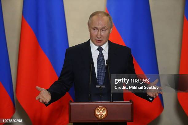 Russian President Vladimir Putin talks during the awarding ceremony at the museum on March 18, 2020 in Sevastopol, Crimea, Ukraine. President...