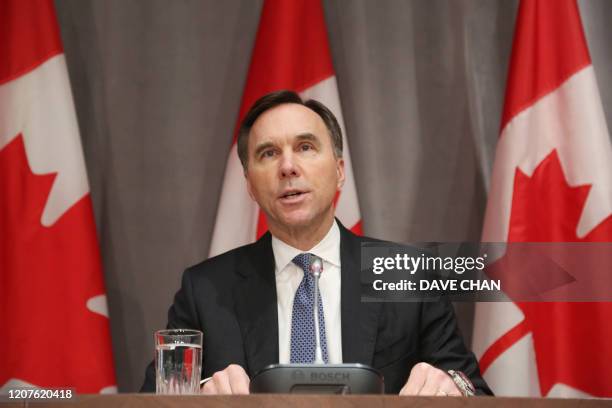 Canada's Finance Minister Bill Morneau speaks during a news conference on Parliament Hill March 18, 2020 in Ottawa, Ontario. - Canadian Prime...