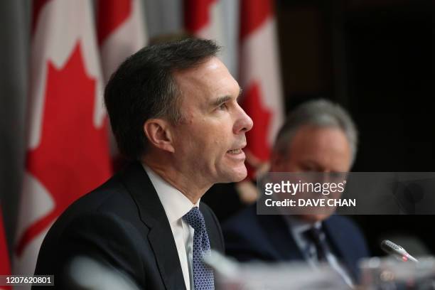 Canada's Finance Minister Bill Morneau speaks during a news conference on Parliament Hill March 18, 2020 in Ottawa, Ontario. - Canadian Prime...