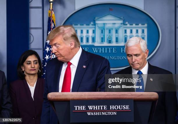 President Donald Trump exits from the podium after speaking during a Coronavirus Task Force news conference in the briefing room of the White House...