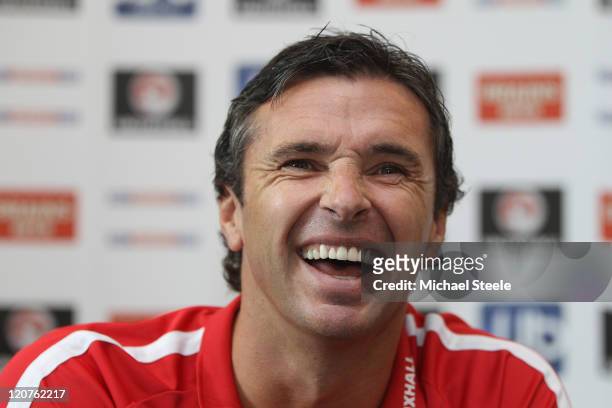 Gary Speed the manager of Wales addresses the media during the Wales Press Conference at The Vale Resort on August 9, 2011 in Cardiff, Wales.