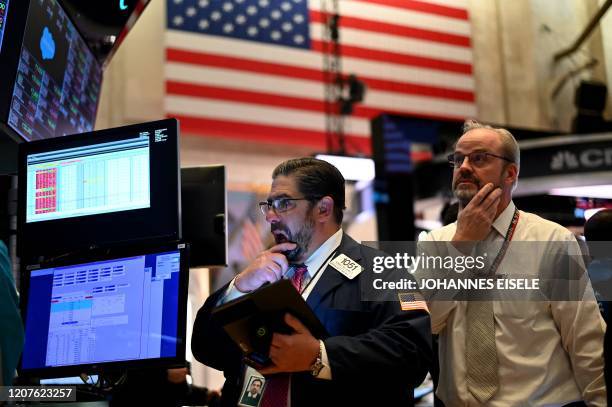 Traders work during the closing bell at the New York Stock Exchange on March 18, 2020 at Wall Street in New York City. - Wall Street stocks plunged...