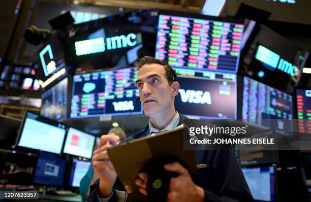Traders work during the closing bell at the New York Stock Exchange on March 18, 2020 at Wall Street in New York City. - Wall Street stocks plunged...