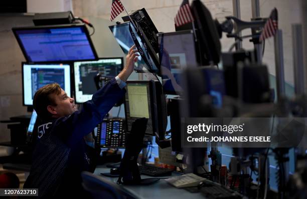 Traders work during the closing bell at the New York Stock Exchange on March 18, 2020 at Wall Street in New York City. Wall Street stocks plunged...