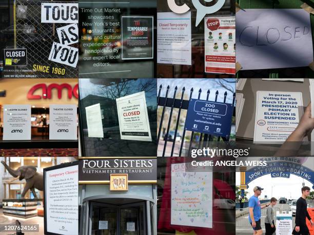 This combination of pictures created on March 18, 2020 shows "Closed" signs due to the coronavirus outbreak at a Dr. Martens store on March 17, 2020...