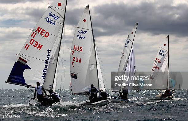 Tessa Parkinson and Belinda Stowell of Australia in action during a 470 Womens Class race during day eight of the Weymouth and Portland International...