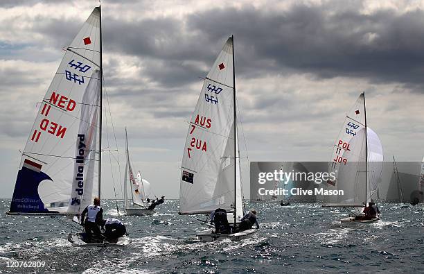 Tessa Parkinson and Belinda Stowell of Australia in action during a 470 Womens Class race during day eight of the Weymouth and Portland International...