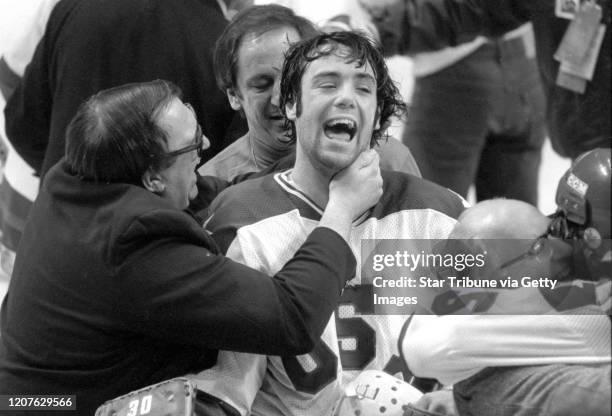 Lake Placid, NY. February 22: Team USA goaltender Jim Craig got a hug from goalie coach Warren Strelow in the moments after defeating the Soviet...