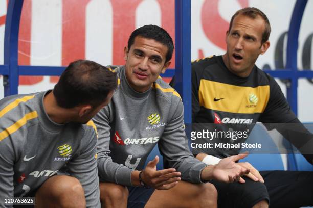 Tim Cahill alongside Mark Schwarzer during the Australia Training session at the Cardiff City Stadium on August 9, 2011 in Cardiff, Wales.