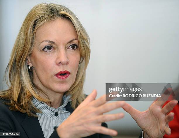 The Secretary General of the Union of South American Nations , Colombian Maria Emma Mejia, speaks during a press conference with the foreign media in...