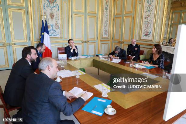French president Emmanuel Macron , general secretary of the presidence Alexis Kohler , Prime minister Edouard Philippe Prime Minister's chief of...