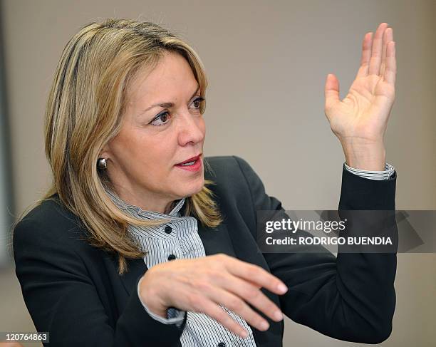 The Secretary General of the Union of South American Nations , Colombian Maria Emma Mejia, speaks during a press conference with the foreign media in...