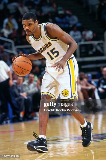 Latrell Sprewell of the Golden State Warrios handles the ball during a game played at the Arco Arena in Sacramento, California circa 1993. NOTE TO...