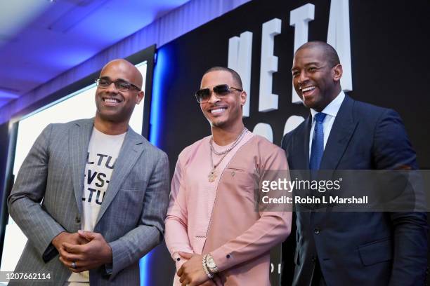 Jamal Simmons, T.I. And Andrew Gillum attend META - Convened by BET Networks at The Edition Hotel on February 20, 2020 in Los Angeles, California.