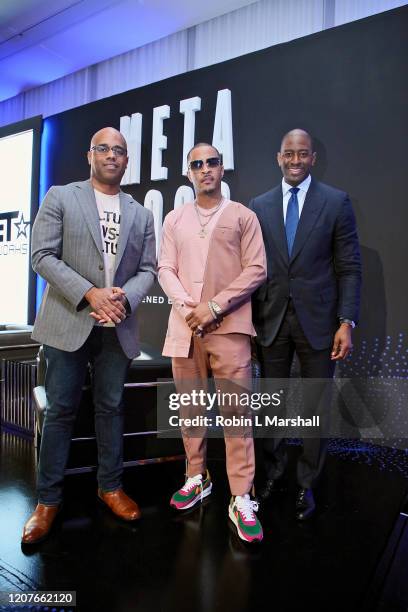 Jamal Simmons, T.I. And Andrew Gillum attend META - Convened by BET Networks at The Edition Hotel on February 20, 2020 in Los Angeles, California.